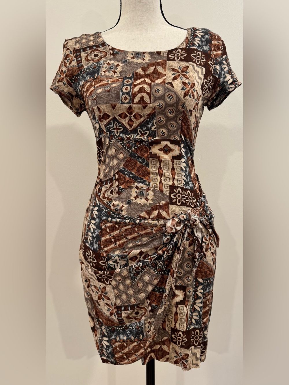 Vintage 90s Rayon Faux Wrap Side Tie Dress Made USA Boho Elisse Jr 3/4